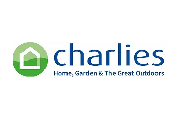 Green circular house icon beside blue charlies wordmark with the tagline Home, Garden & The Great Outdoors.