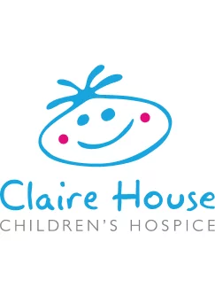 Blue smiling face logo with pink cheeks and tuft, with text Claire House and Children's Hospice beneath.