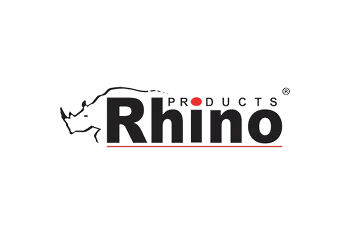 Stylised Rhino logo with bold black "Rhino" text, a red dot over the i, thin red underline and a left-side rhinoceros outline